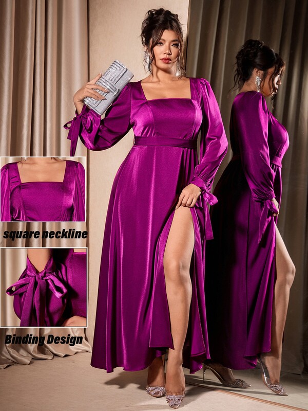 Cravure Satin Waist Tie Design Slit Plus Size Dress Wedding Evening Formal Magenta Autumn Elegant Fall