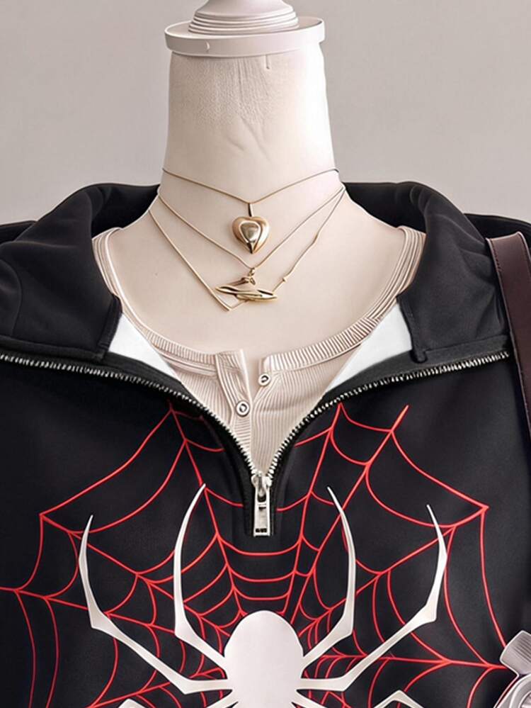 SHEIN EZwear كنزة رياضية بطبعة شبكة العنكبوت وأكتاف منسدلة وفتحة نصف سحاب - متعدد الألوان - مشاهدة 4