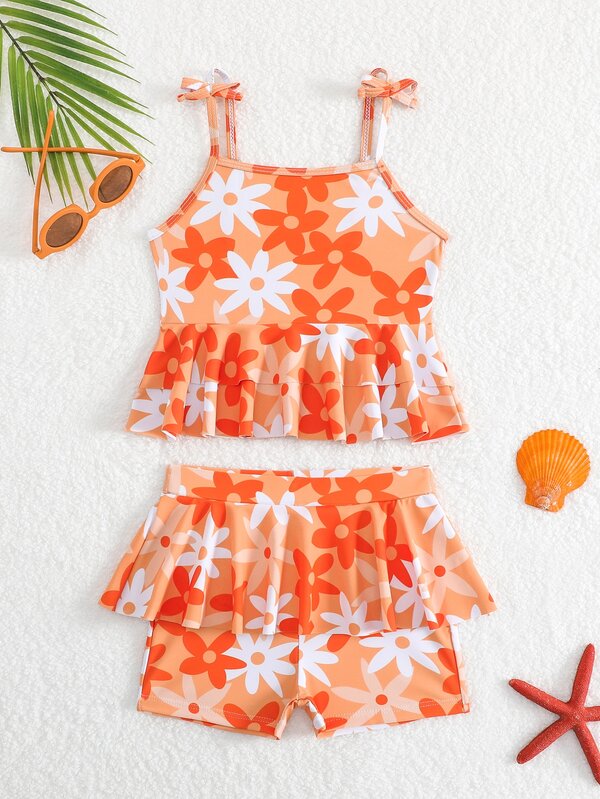 Young Girls Tankinis, Young Girls Camisole Bikini, Floral Print, High Elasticity, Skin-Friendly Fabric, Soft And Sweet Floral Style, Suitable For Young Girls Swimming, Beach Vacation, Summer Pool Play, Fashionable Casual Exquisite, Suitable For Swimming, Suitable For Summer Vacation, Summer Beach, Seaside, Pool