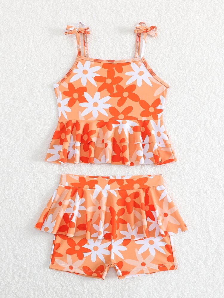 Young Girls Tankinis, Young Girls Camisole Bikini, Floral Print, High Elasticity, Skin-Friendly Fabric, Soft And Sweet Floral Style, Suitable For Young Girls Swimming, Beach Vacation, Summer Pool Play, Fashionable Casual Exquisite, Suitable For Swimming, Suitable For Summer Vacation, Summer Beach, Seaside, Pool - Orange - View 3