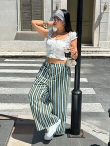 Rivivi Summer High Waist Washed Drawstring Thin Fabric Loose Fit Jeans - Green - View 4