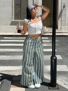 Rivivi Summer High Waist Washed Drawstring Thin Fabric Loose Fit Jeans - Green - View 5