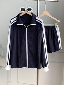 Comfortcana 女款秋季休閒拼色條紋夾克與短褲兩件套 - 藏蓝色 - 查看 5