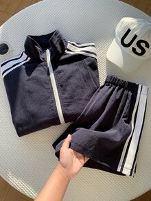 Comfortcana 女款秋季休閒拼色條紋夾克與短褲兩件套 - 藏蓝色 - 查看 8