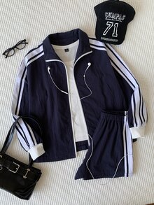 Comfortcana 女款秋季休閒拼色條紋夾克與短褲兩件套 - 藏蓝色 - 查看 6