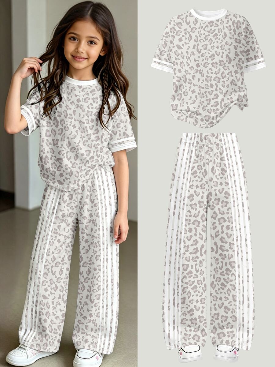Tween Girls Fall Leopard Print Knight Graphic Short T-Shirt & Striped Leopard Wide Leg Pants Set, Casual Autumn Outfit - Multicolor - View 1