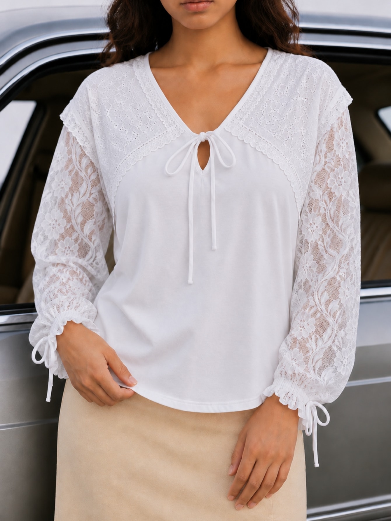 White Lace Broiderie Anglais Floral Lace Sleeve Blouse, view 3