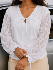 Zerodot Women White Lace Broiderie Anglais Floral Lace Sleeve Elegant Blouse Party Going Out Fall Pre Fall - White - View 4