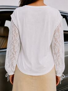 Zerodot Women White Lace Broiderie Anglais Floral Lace Sleeve Elegant Blouse Party Going Out Fall Pre Fall - White - View 2