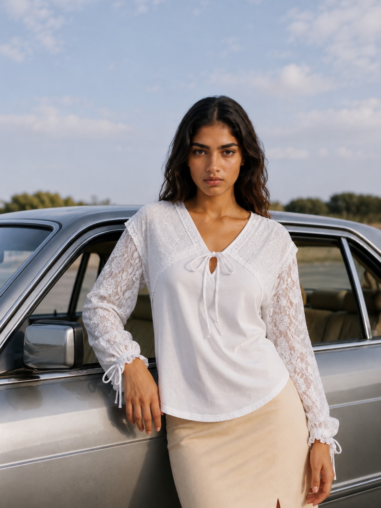 White Lace Broiderie Anglais Floral Lace Sleeve Blouse, view 8