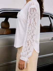 Zerodot Women White Lace Broiderie Anglais Floral Lace Sleeve Elegant Blouse Party Going Out Fall Pre Fall - White - View 7
