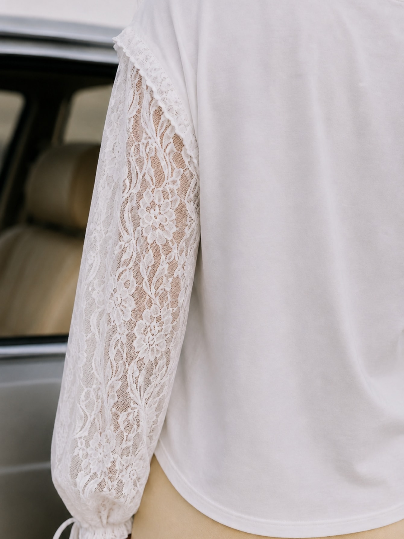 White Lace Broiderie Anglais Floral Lace Sleeve Blouse, view 5