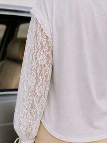 Zerodot Women White Lace Broiderie Anglais Floral Lace Sleeve Elegant Blouse Party Going Out Fall Pre Fall - White - View 5