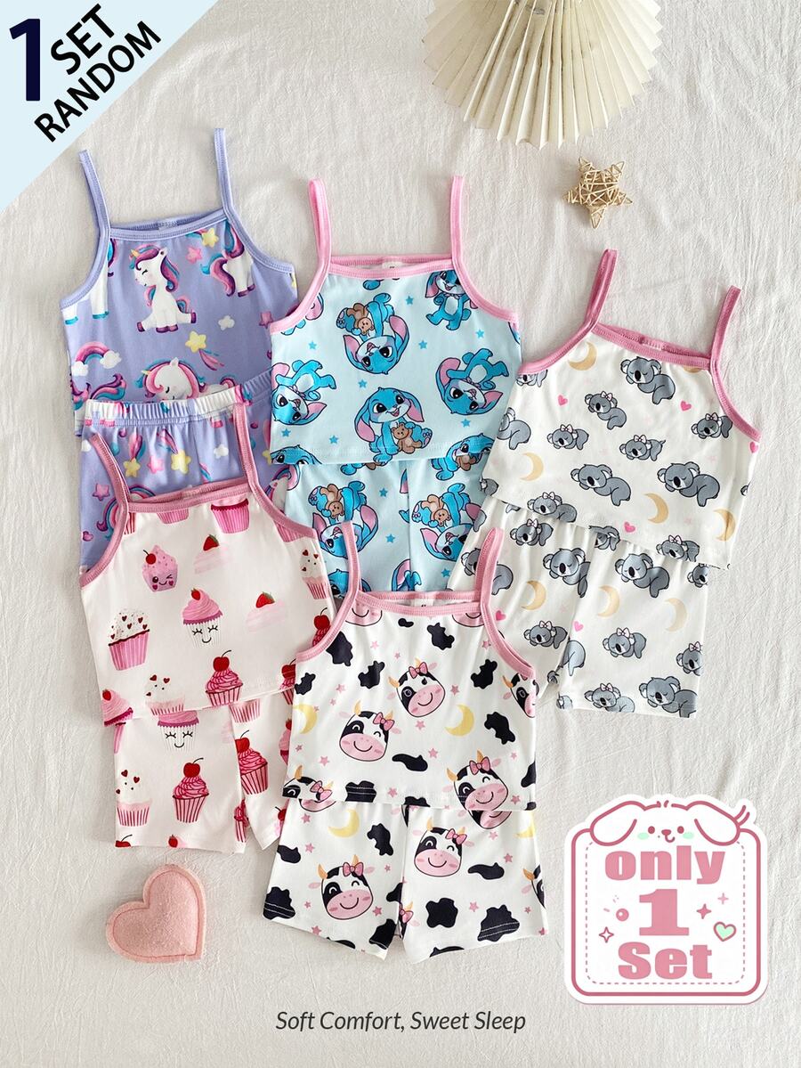 [Randomly Sent 1 Set]Young Girl Cami Tank Top Underwear Set, Fresh Sweet Naughty Rabbit, Cute Koala, Unicorn, Elegant Cake, Adorable Cow, Heart, Star, Moon And Other Pattern Prints - Multicolor - View 1