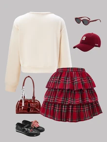 SHEIN ChillGRL Tween Girls 2pcs Fall Outfit, Cute Bow Long Sleeve T-Shirt & Red Plaid Layered Ruffle Skirt Set, Preppy School Style Christmas Holiday Clothes - Red - View 2
