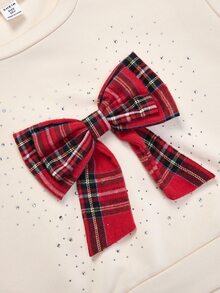 SHEIN ChillGRL Tween Girls 2pcs Fall Outfit, Cute Bow Long Sleeve T-Shirt & Red Plaid Layered Ruffle Skirt Set, Preppy School Style Christmas Holiday Clothes - Red - View 5