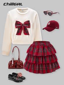SHEIN ChillGRL Tween Girls 2pcs Fall Outfit, Cute Bow Long Sleeve T-Shirt & Red Plaid Layered Ruffle Skirt Set, Preppy School Style Christmas Holiday Clothes - Red - View 3