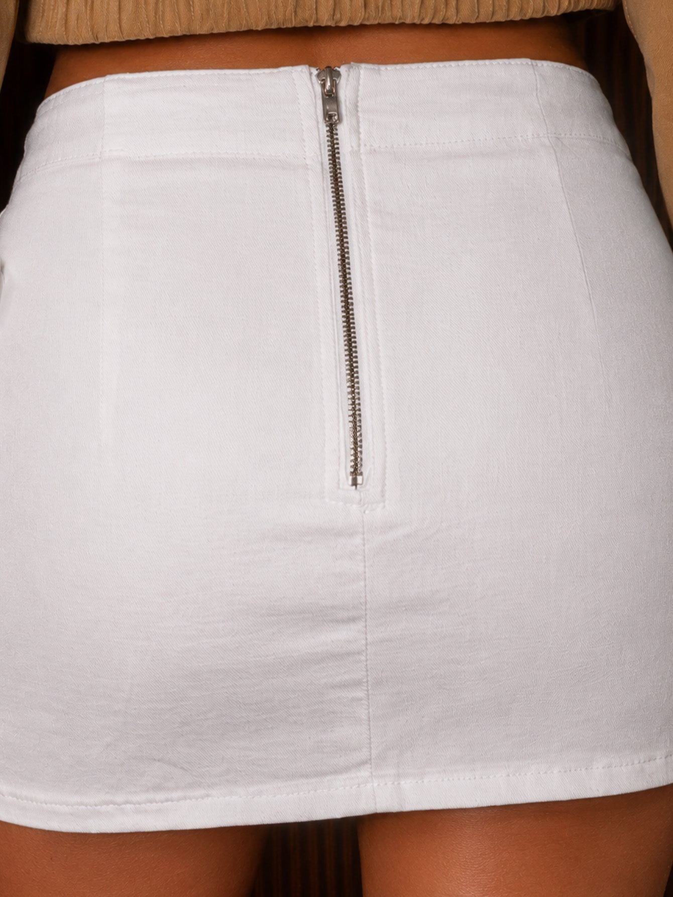 White Denim Low Rise Multi Buckle Belted Mini Skirt, view 7