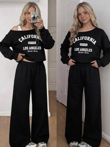 SHEIN ChillGRL Tween Girls Fall Tops 2pcs Fall Outfit, California Print Cold Shoulder Sweatshirt & High Waist Wide Leg Sweatpants Set - Black - View 4