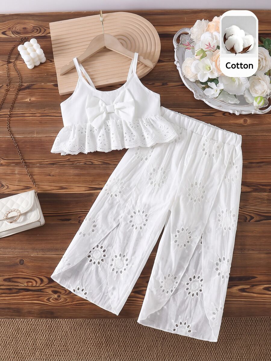 SHEIN Girls Hollow Embroidery Camisole Set, Soft French Sweet Princess Style, Fresh Summer Vibe, Daily Outing Vacation Outfit - White - View 1