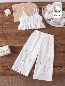 SHEIN Girls Hollow Embroidery Camisole Set, Soft French Sweet Princess Style, Fresh Summer Vibe, Daily Outing Vacation Outfit - White - View 2