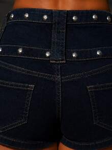 Zerodot Women Dark Indigo Denim Studded Hot Shorts Y2K Casual Daily - Royal Blue - View 6