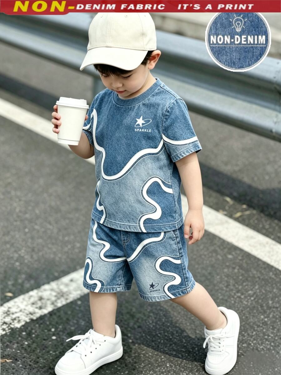 Young Boy Casual Fashionable New Logo Graphic Print Short Sleeve Top And Shorts Set, Summer, Casual Style,School Clothes