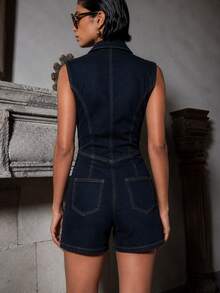 Zerodot Women Dark Indigo Military-Button Sleeveless Structured Denim Jumpsuit Going Out Casual Daily Spring Fall - Royal Blue - View 2