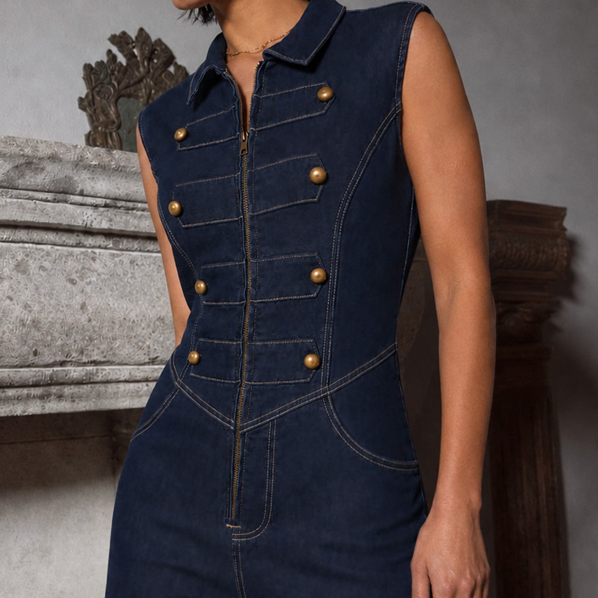 Dark Indigo Military-Button Sleeveless Structured Denim Jumpsuit, view 9