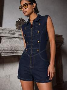 Zerodot Women Dark Indigo Military-Button Sleeveless Structured Denim Jumpsuit Going Out Casual Daily Spring Fall - Royal Blue - View 1