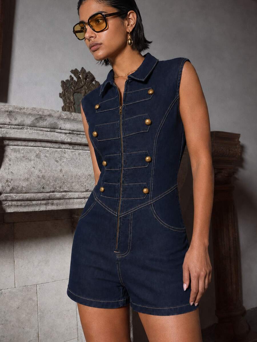 Zerodot Women Dark Indigo Military-Button Sleeveless Structured Denim Jumpsuit Going Out Casual Daily Spring Fall - Royal Blue - View 1