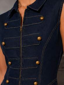 Zerodot Women Dark Indigo Military-Button Sleeveless Structured Denim Jumpsuit Going Out Casual Daily Spring Fall - Royal Blue - View 3