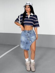 StreetHx 不對稱無彈力牛仔裙 淺藍色 夏季 Y2K 性感 2000年代 日常 夜店穿搭 - 藍色 - 查看 5