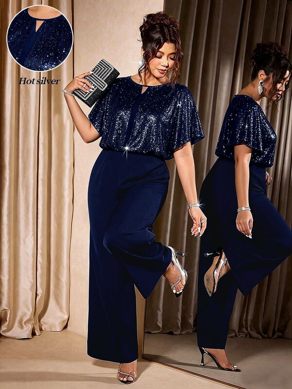 Cravure Plus Size Women's Elegant 70's Sexy Round Neck Casual Loose Navy Blue Foil Mesh Long Jumpsuit, Wedding Guest Party Daily Commute Summer