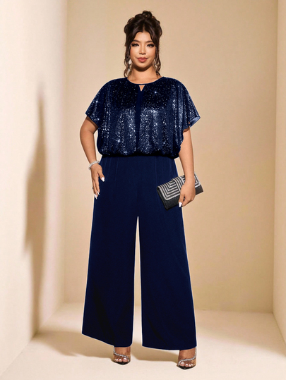 Cravure Plus Size Women's Elegant 70's Sexy Round Neck Casual Loose Navy Blue Foil Mesh Long Jumpsuit, Wedding Guest Party Daily Commute Summer