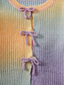 SHEIN Tween女孩杏色提花圓領開襟針織外套，附小蝴蝶結＋手工編織蝴蝶結長袖短版針織毛衣，柔軟舒適，適合春、秋、冬穿著 - 彩色 - 查看 9