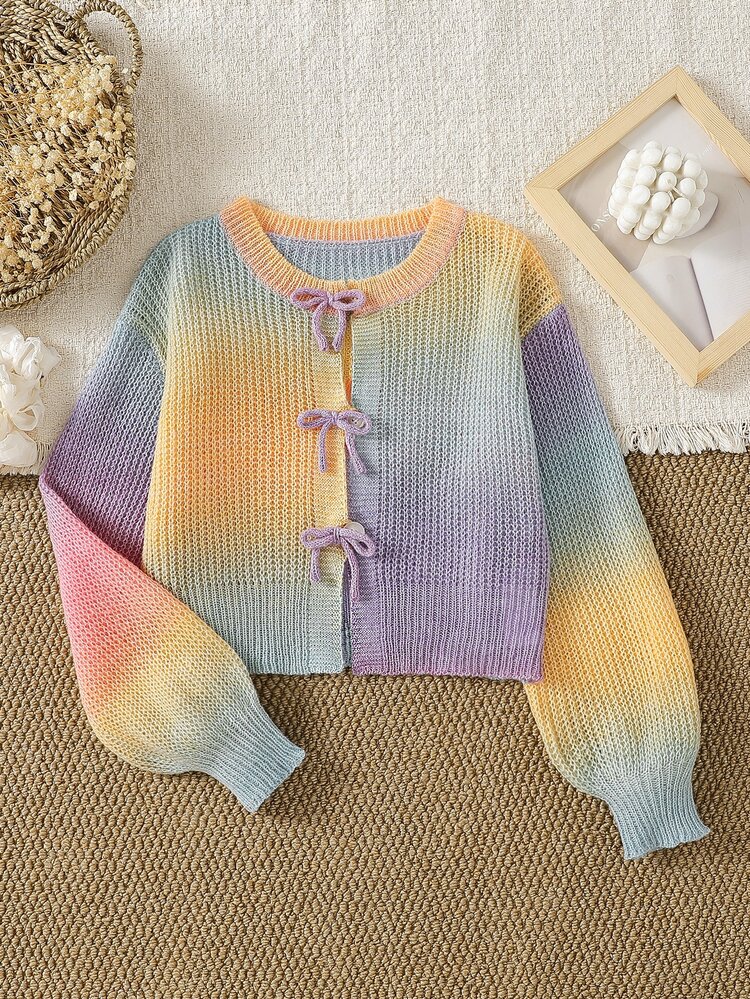 SHEIN Tween Girls Cardigans Apricot Jacquard Round Neck Cardigan With Small Bow + Handmade Knitted Bow Long Sleeve Short Knit Sweater, Soft And Comfortable For Spring, Autumn And Winter - Multicolor - View 3