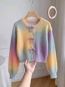 SHEIN Tween女孩杏色提花圓領開襟針織外套，附小蝴蝶結＋手工編織蝴蝶結長袖短版針織毛衣，柔軟舒適，適合春、秋、冬穿著 - 彩色 - 查看 1