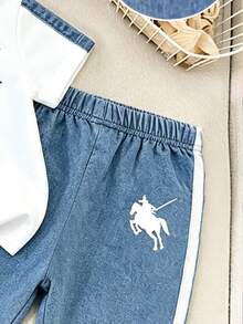 SHEIN 小男孩新款休閒舒適時尚帥氣極簡Logo圖案印花短袖上衣與設計感極簡印花休閒運動長褲套裝 - 彩色 - 查看 4
