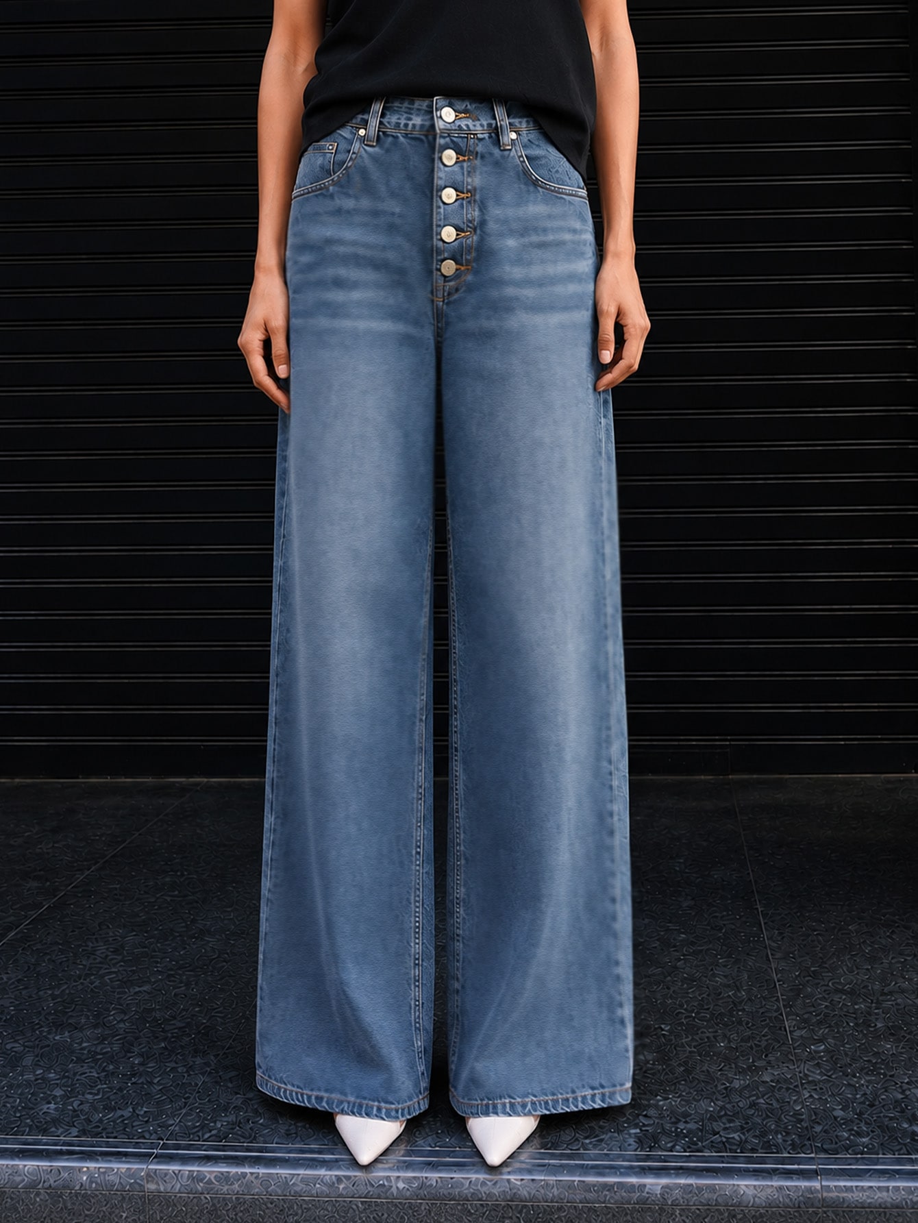 Mid Blue Wash Button Fly Denim Jeans, view 3