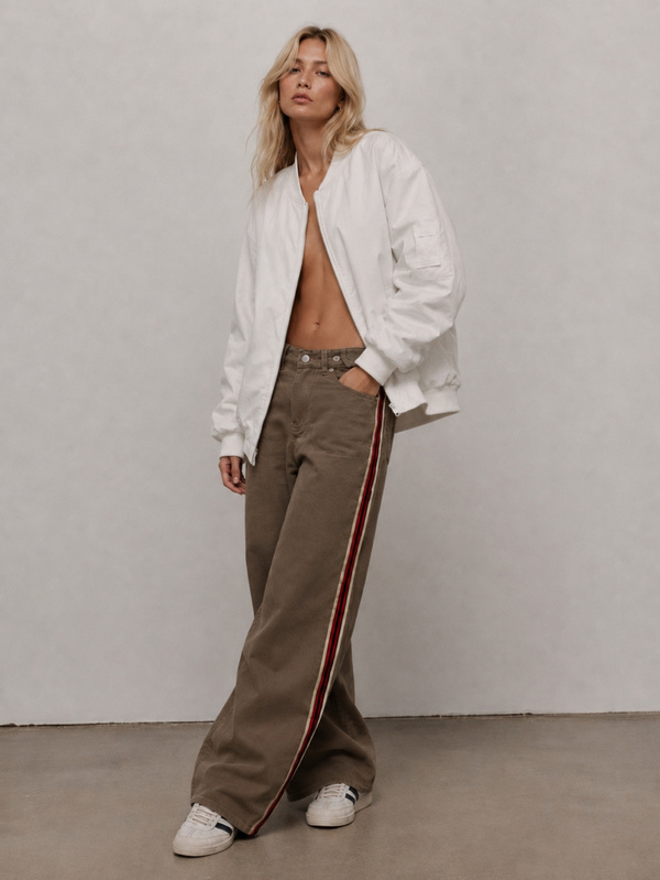 Zerodot Women Brown Wide-Leg Jeans With Contrast Side Tape Casual Daily Spring Fall Back To School