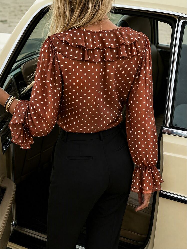 SHEIN Blus Wanita Elegan Lengan Panjang Chiffon Motif Polkadot Cokelat dengan Hiasan Ruffle, Atasan Dalaman Kasual untuk Perjalanan Sehari-hari Musim Gugur/Dingin - Coklat - View 2