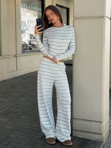 Aloruh 女款秋冬休閒睡衣 日常圓領藍白條紋長袖T恤直筒長褲兩件套 居家早午餐穿搭 - 彩色 - 查看 7