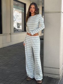 Aloruh 女款秋冬休閒睡衣 日常圓領藍白條紋長袖T恤直筒長褲兩件套 居家早午餐穿搭 - 彩色 - 查看 5