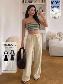 SHEIN PETITE 度假休閒百搭純色長褲 - 杏色 - 查看 7