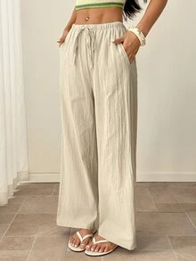 SHEIN PETITE 度假休閒百搭純色長褲 - 杏色 - 查看 12