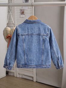 SHEIN 青少年女孩牛仔夾克外套，四季皆宜，柔軟棉質，休閒時尚百搭舒適，極簡經典翻領，前雙貼袋，寬鬆版型，中藍色水洗牛仔夾克外套，適合日常穿著與度假 - 中等水洗藍 - 查看 2