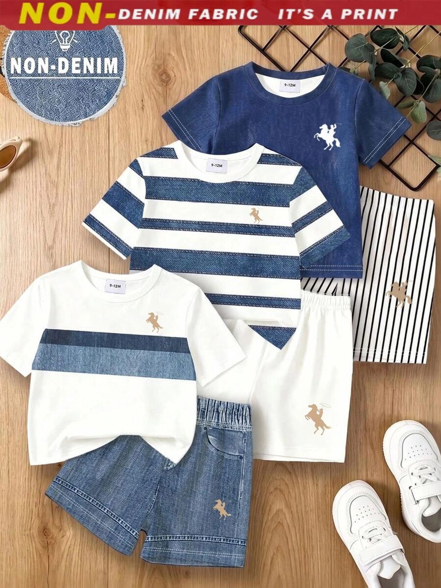 SHEIN 3件組休閒舒適時尚藍色條紋印花短袖上衣與短褲套裝 - 彩色 - 查看 1