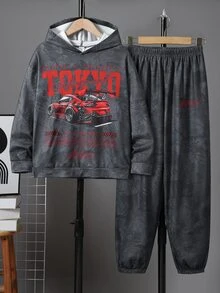 SHEIN 隨機發貨 2件組/2件裝 童裝大童男孩休閒賽車圖案寬鬆長袖連帽衛衣套裝，秋冬休閒運動風 - 灰色 - 查看 2
