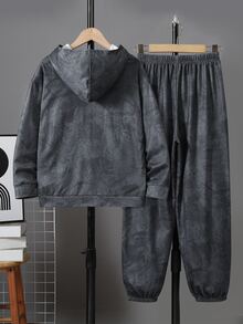 SHEIN 隨機發貨 2件組/2件裝 童裝大童男孩休閒賽車圖案寬鬆長袖連帽衛衣套裝，秋冬休閒運動風 - 灰色 - 查看 3